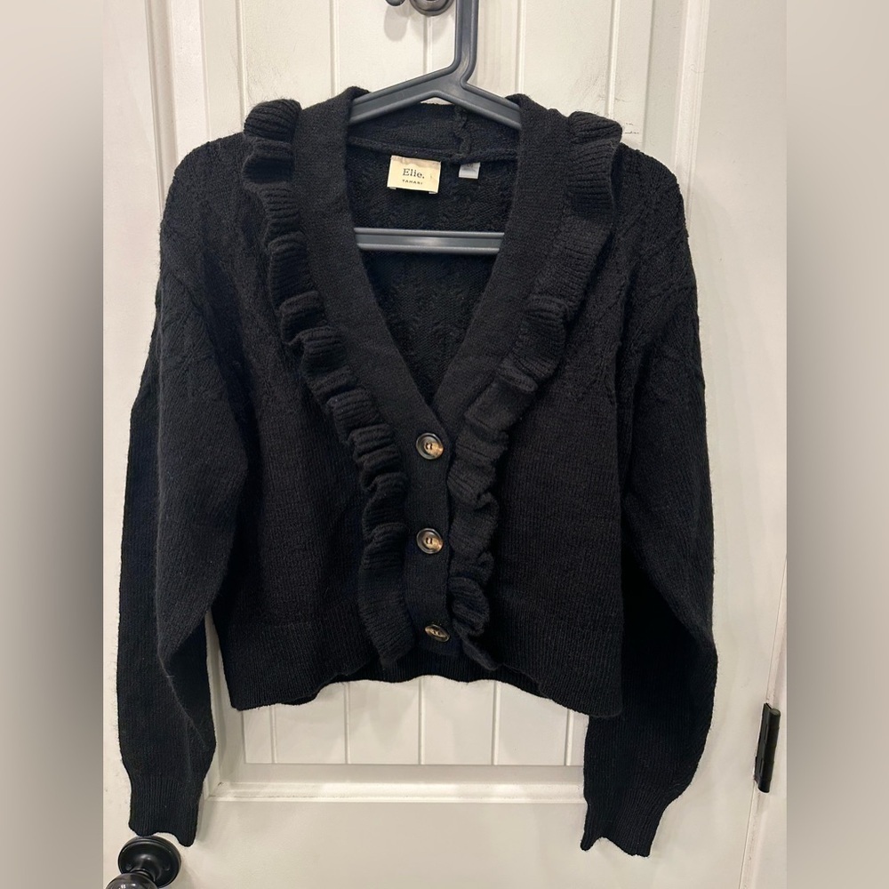 Elie Tahari Black Ruffle Trim Button Front Cardigan Sweater Size L